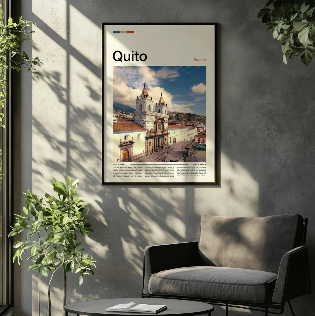 Quito Colonial Church Travel Print framed on the wall of a relaxed living room