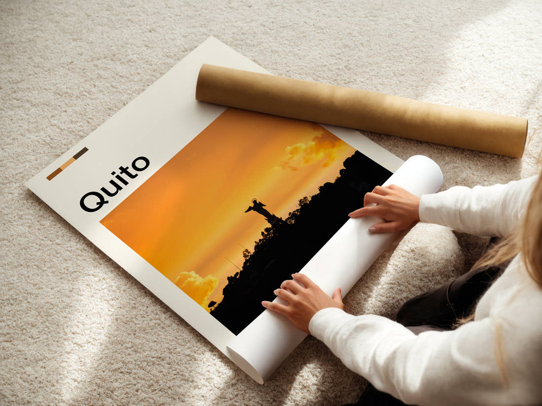 Quito Winged Virgin Statue Travel Print being unrolled from its postal tube