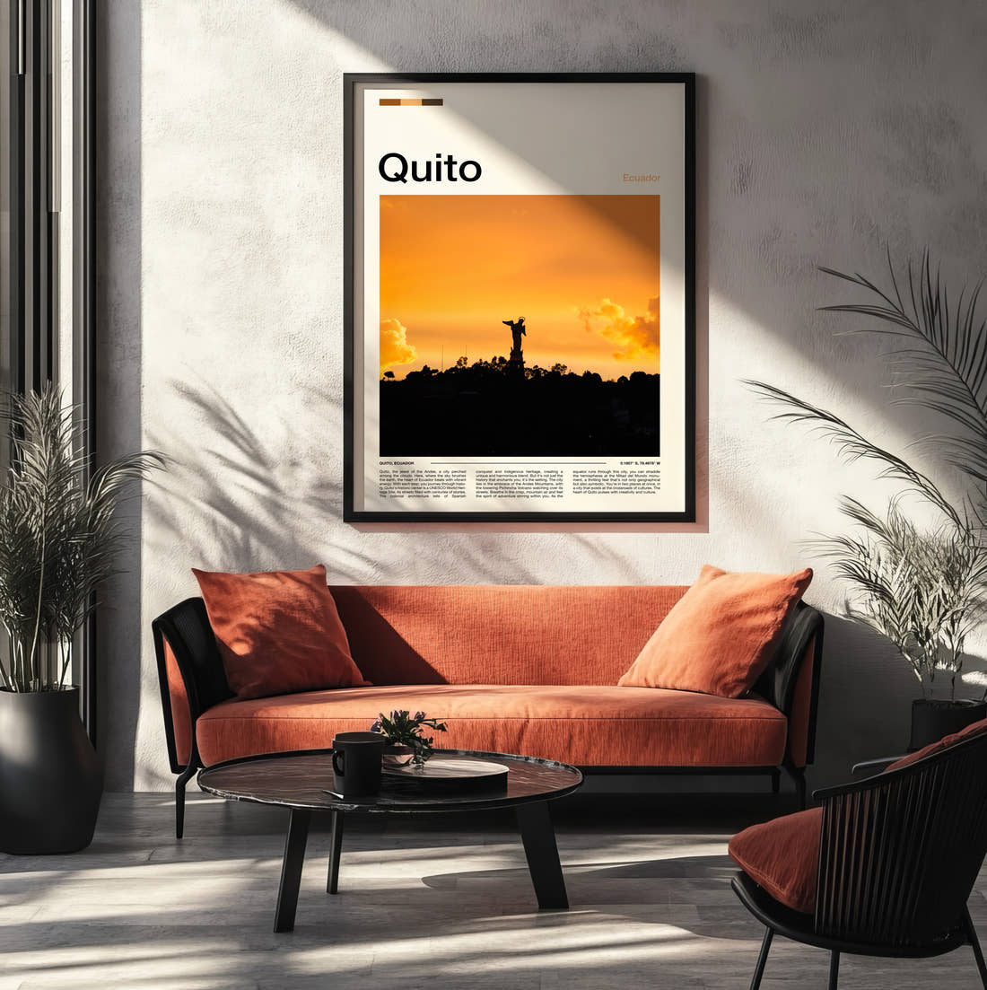 Quito Winged Virgin Statue Travel Print framed on the wall of a modern living room