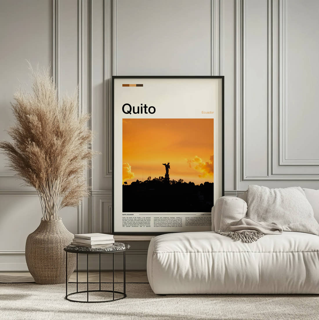 Quito Winged Virgin Statue Travel Print framed on the wall of a calm, neutral bedroom