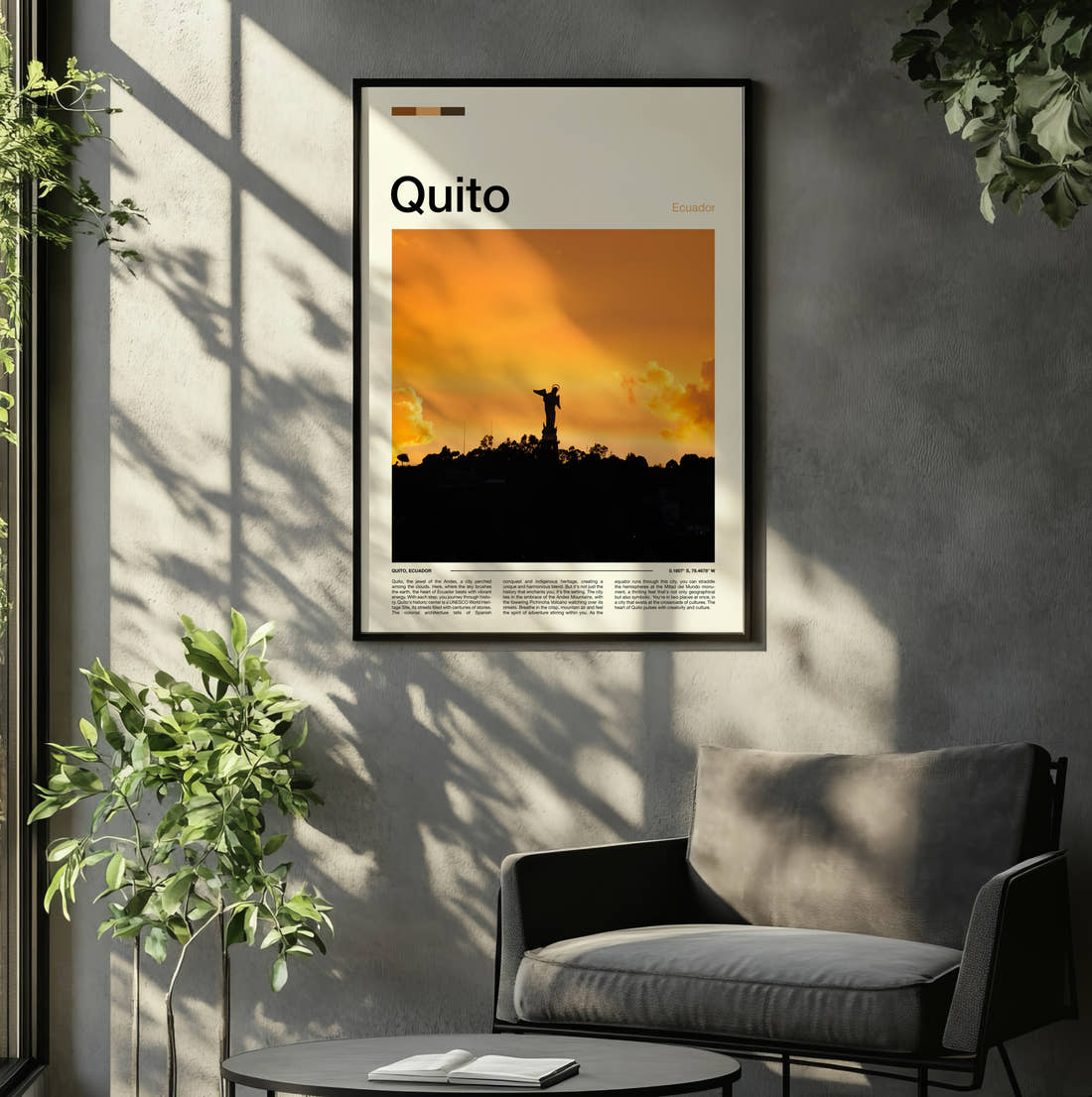 Quito Winged Virgin Statue Travel Print framed on the wall of a relaxed living room