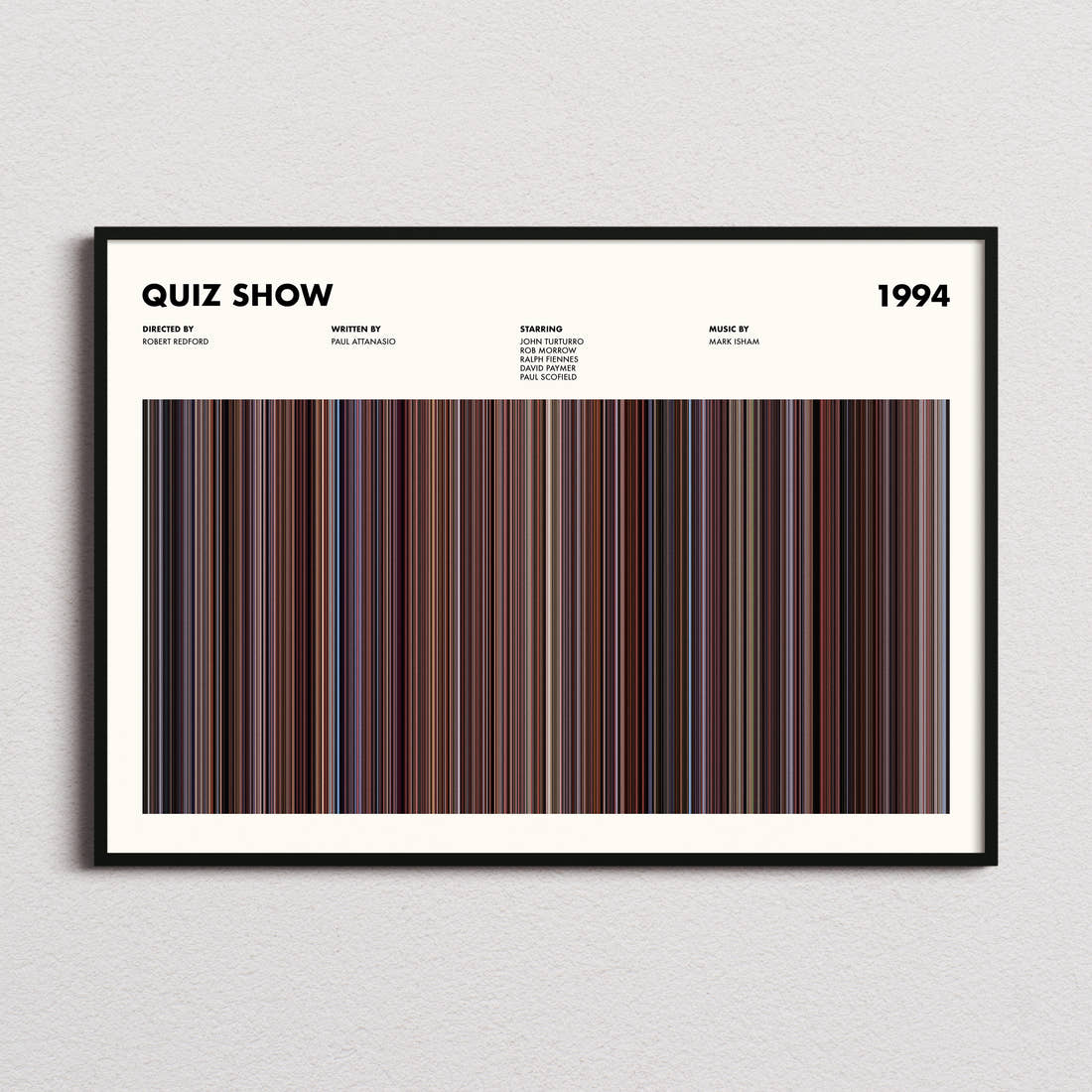 Quiz Show Movie Barcode Poster framed and photographed straight on