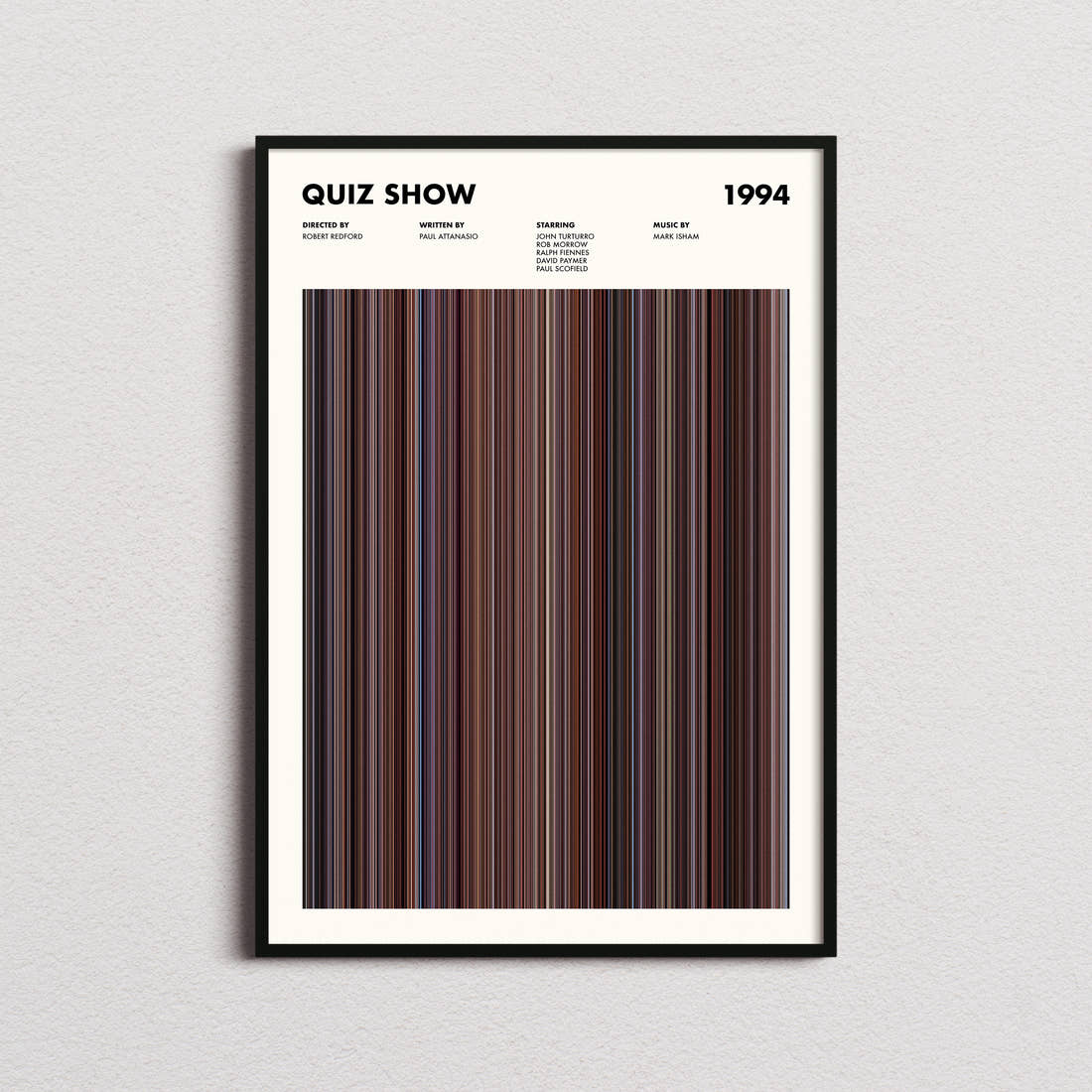 Quiz Show Movie Barcode Poster framed on a plain studio wall