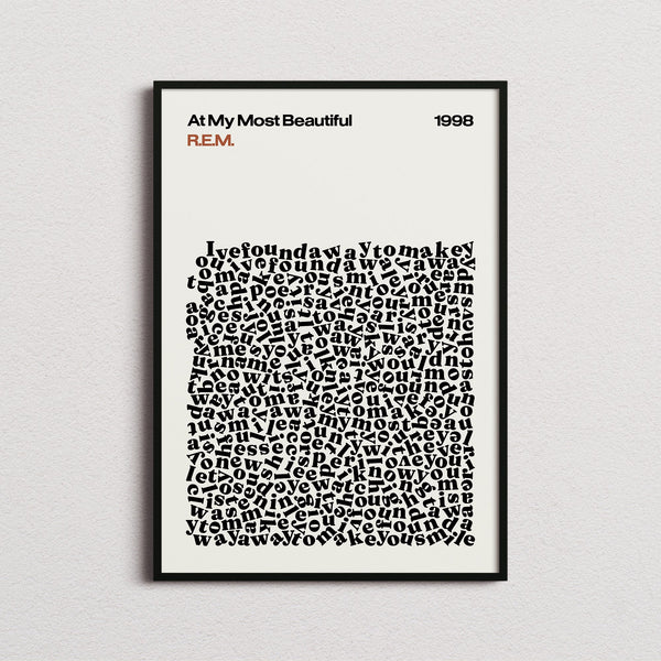 R.E.M. At My Most Beautiful Lyric Print in the cream colourway, framed