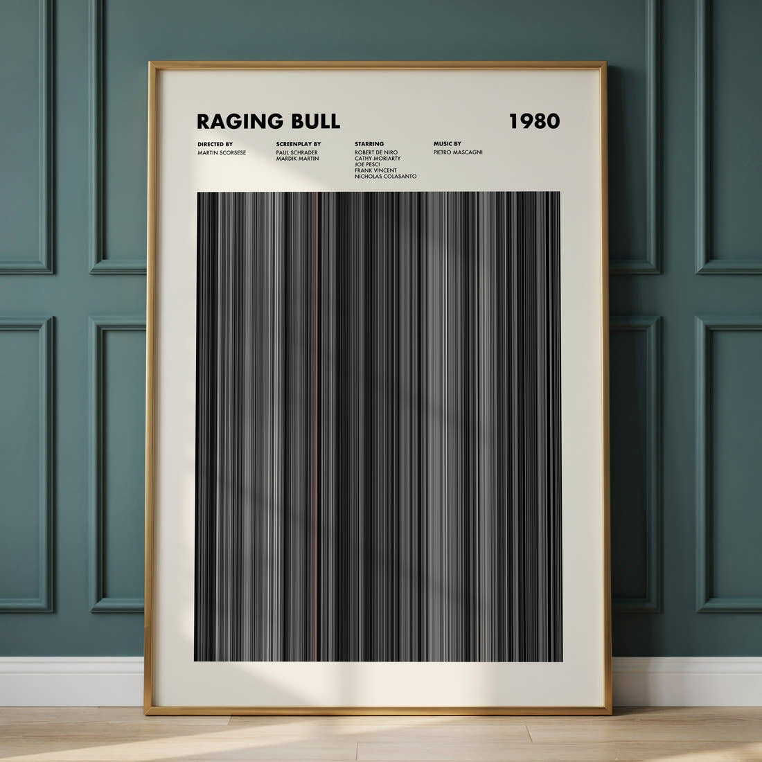 Raging Bull Movie Barcode Poster framed and leaning against a panelled wall
