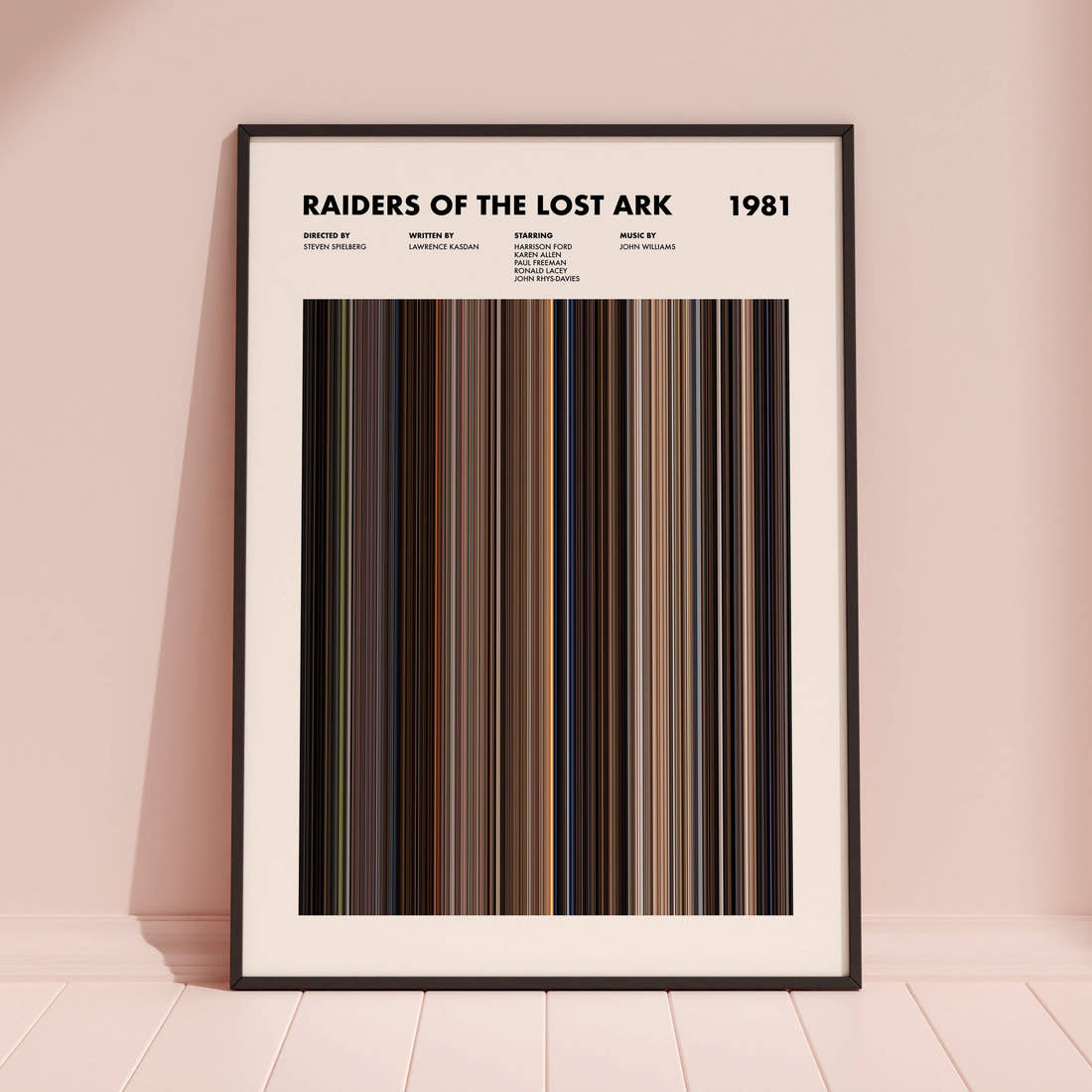 Raiders of the Lost Ark Movie Barcode Poster framed and leaning against a coloured wall