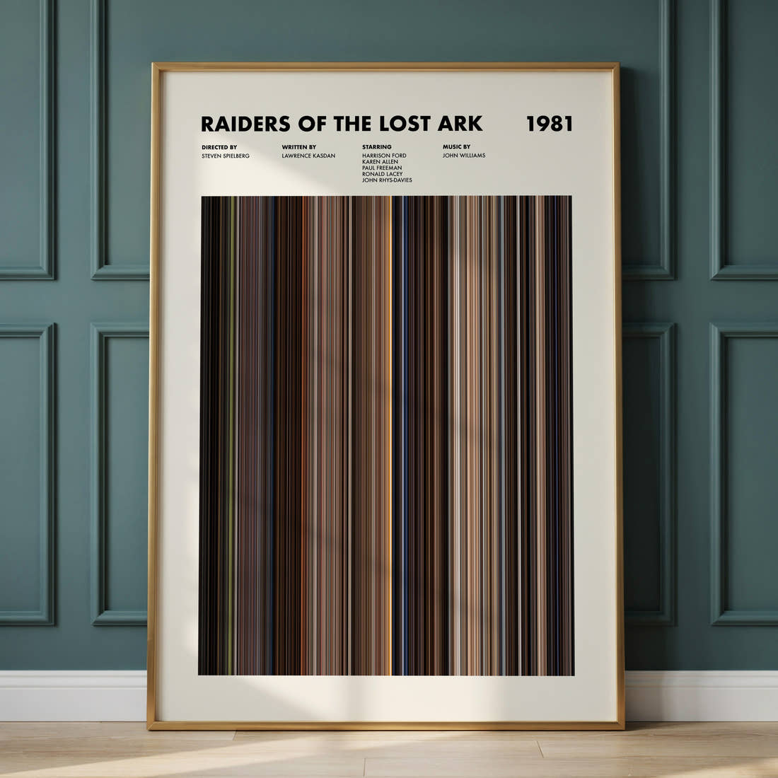 Raiders of the Lost Ark Movie Barcode Poster framed and leaning against a panelled wall