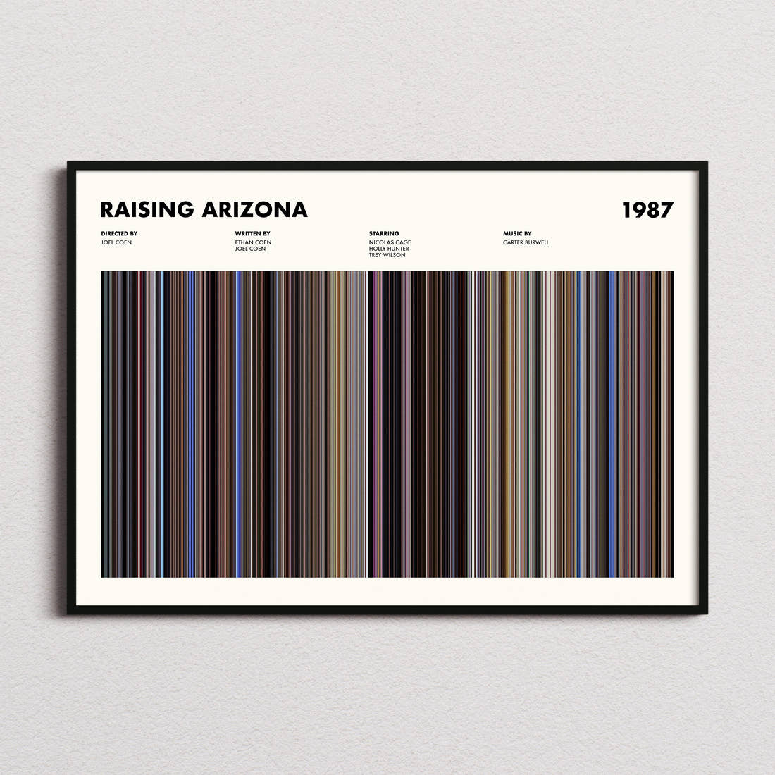 Raising Arizona Movie Barcode Poster framed and photographed straight on