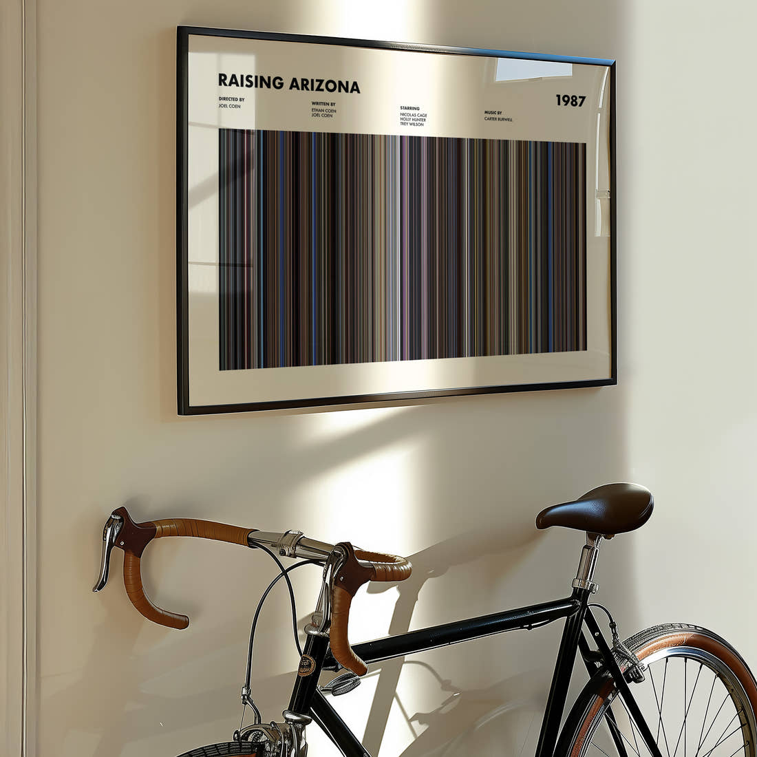 Raising Arizona Movie Barcode Poster framed on the wall of a styled room setting