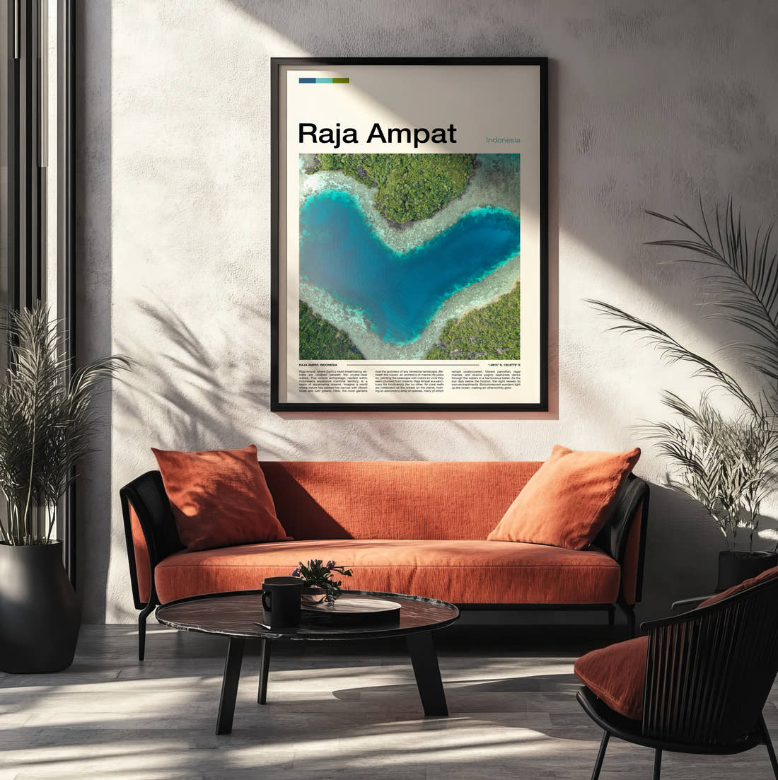 Raja Ampat Heart-Shaped Lagoon Travel Print framed on the wall of a modern living room