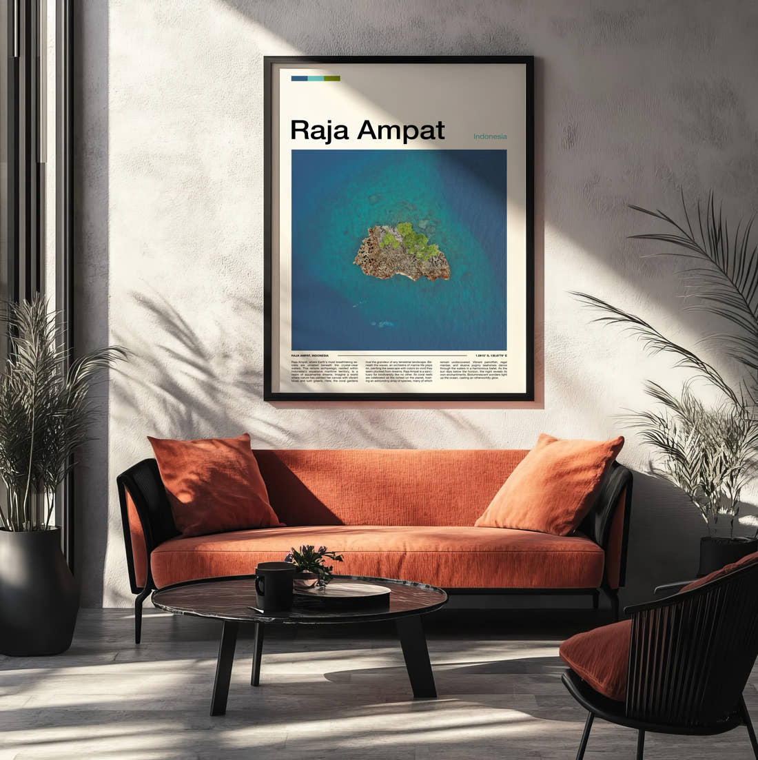Raja Ampat Small Island From Above Travel Print framed on the wall of a modern living room