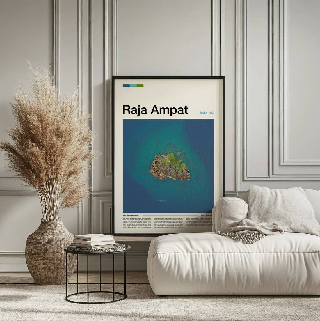Raja Ampat Small Island From Above Travel Print framed on the wall of a calm, neutral bedroom