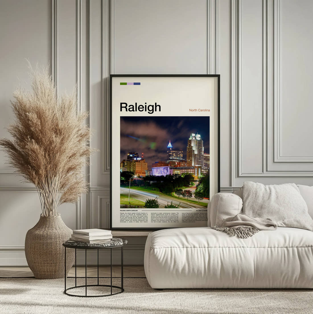 Raleigh Skyline At Night Travel Print framed on the wall of a calm, neutral bedroom