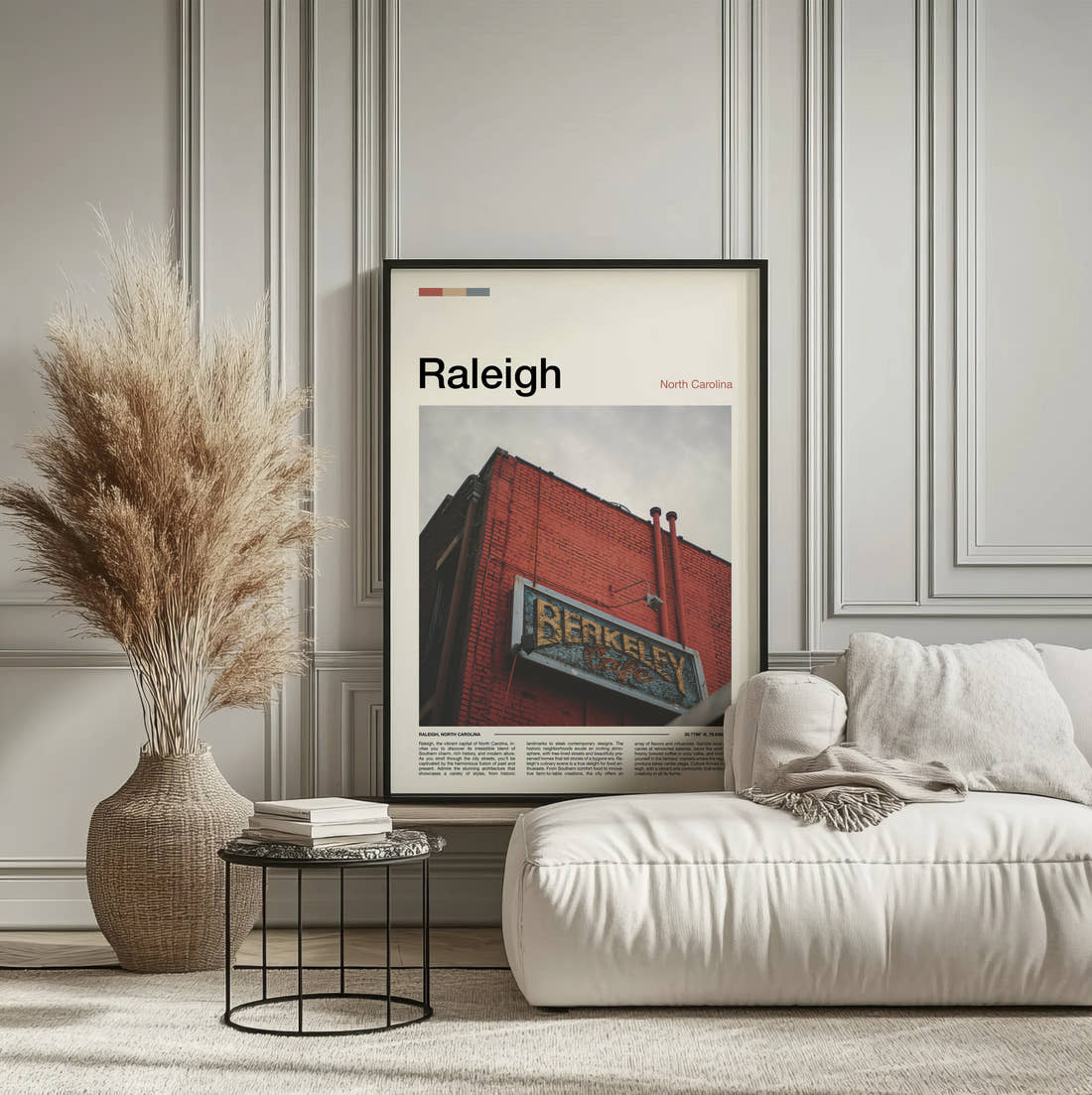 Raleigh Brick Building With Sign Travel Print framed on the wall of a calm, neutral bedroom