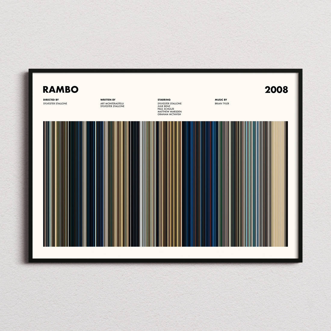 Rambo Movie Barcode Poster framed and photographed straight on