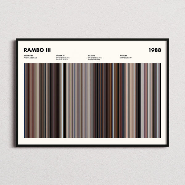 Rambo 3 Movie Barcode Poster framed and photographed straight on