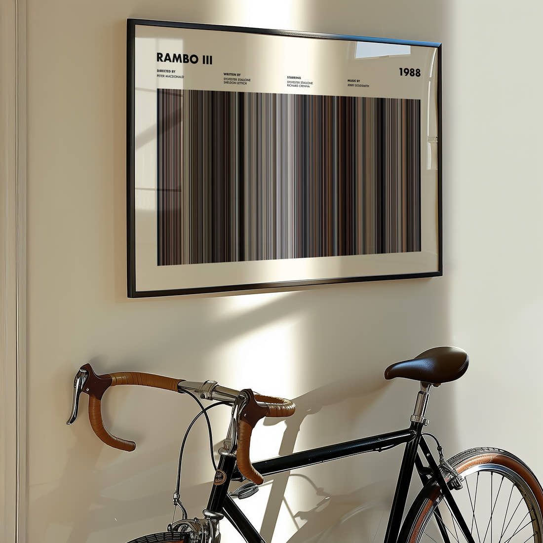 Rambo 3 Movie Barcode Poster framed on the wall of a styled room setting