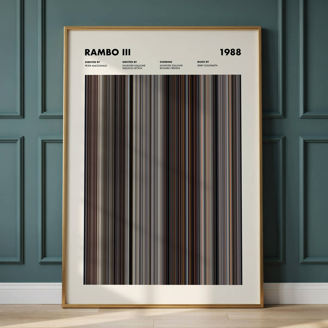 Rambo 3 Movie Barcode Poster framed and leaning against a panelled wall