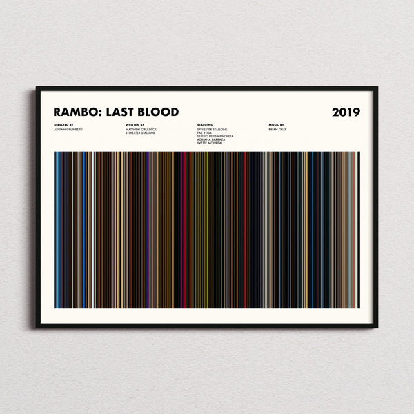 Rambo: Last Blood Movie Barcode Poster framed and photographed straight on