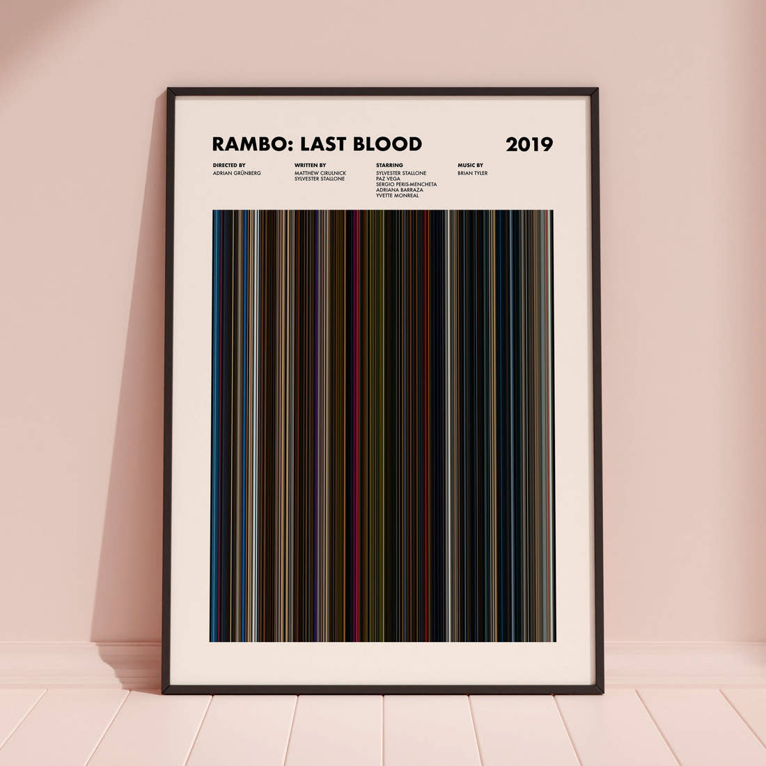 Rambo: Last Blood Movie Barcode Poster framed and leaning against a coloured wall