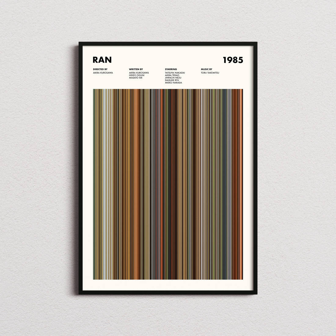 Ran Movie Barcode Poster framed on a plain studio wall