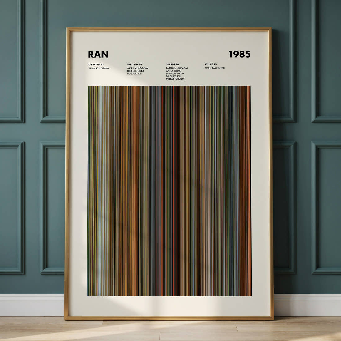 Ran Movie Barcode Poster framed and leaning against a panelled wall