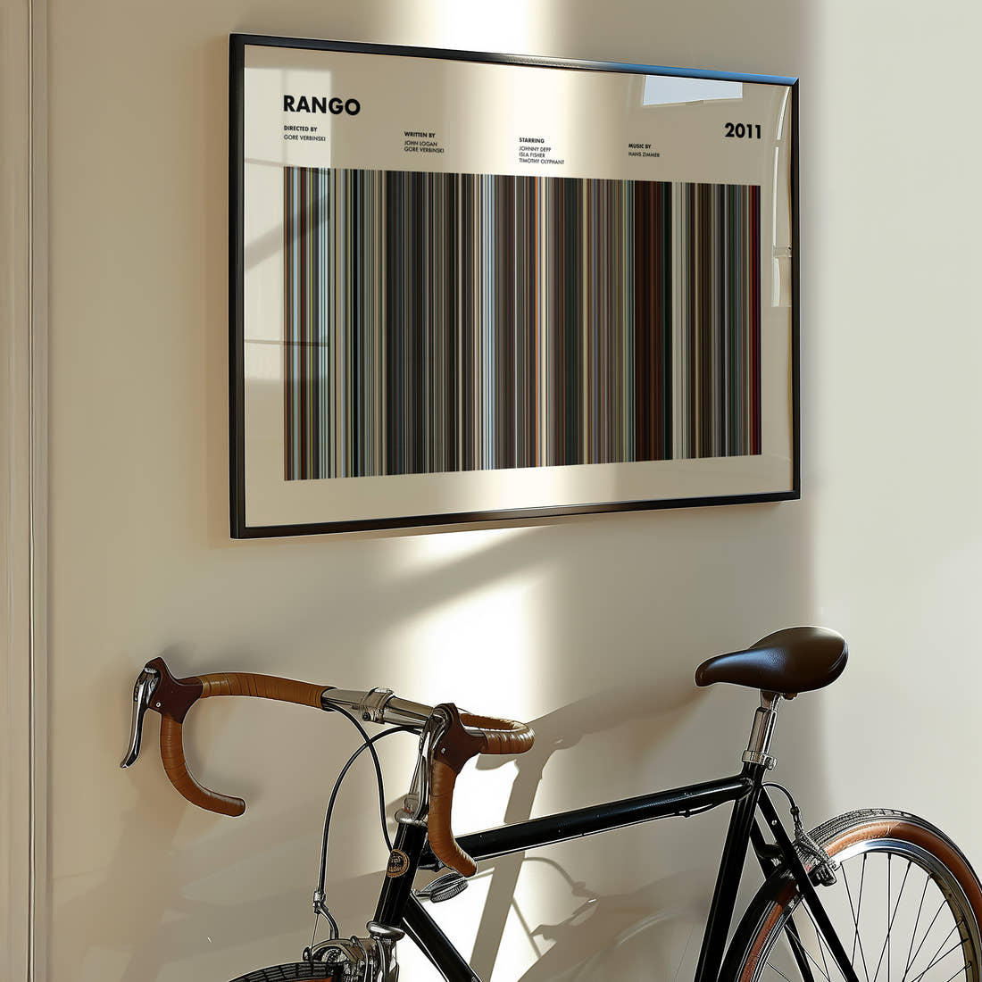 Rango Movie Barcode Poster framed on the wall of a styled room setting