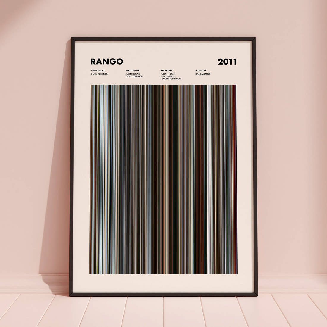 Rango Movie Barcode Poster framed and leaning against a coloured wall