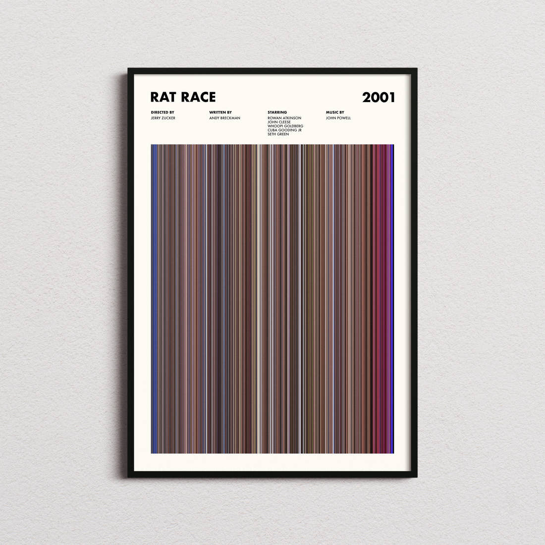 Rat Race Movie Barcode Poster framed on a plain studio wall