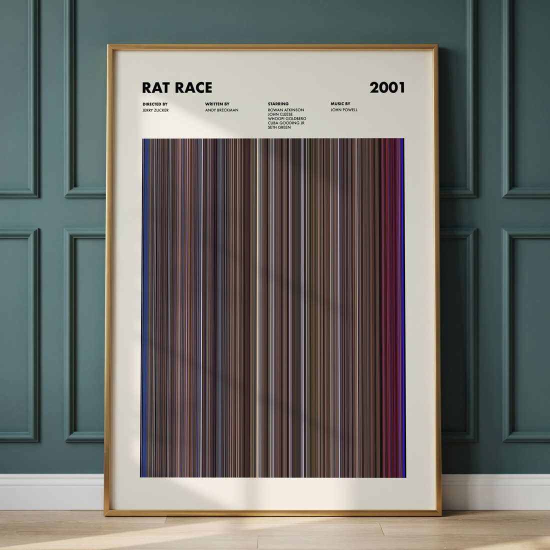 Rat Race Movie Barcode Poster framed and leaning against a panelled wall