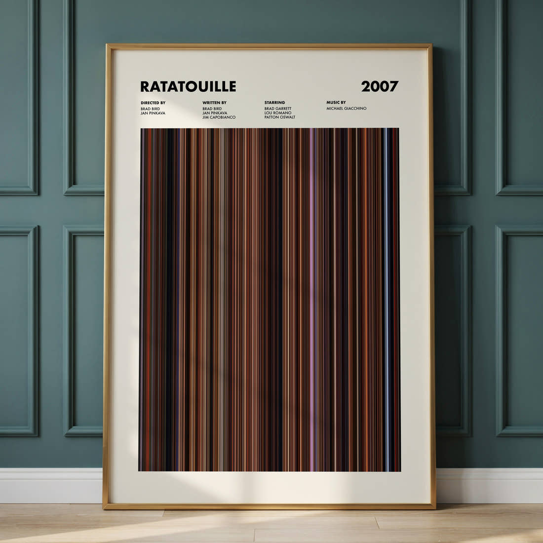 Ratatouille Movie Barcode Poster framed and leaning against a panelled wall