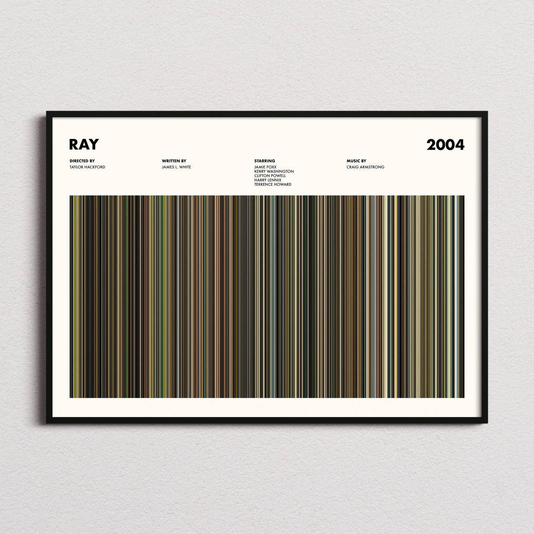 Ray Movie Barcode Poster framed and photographed straight on