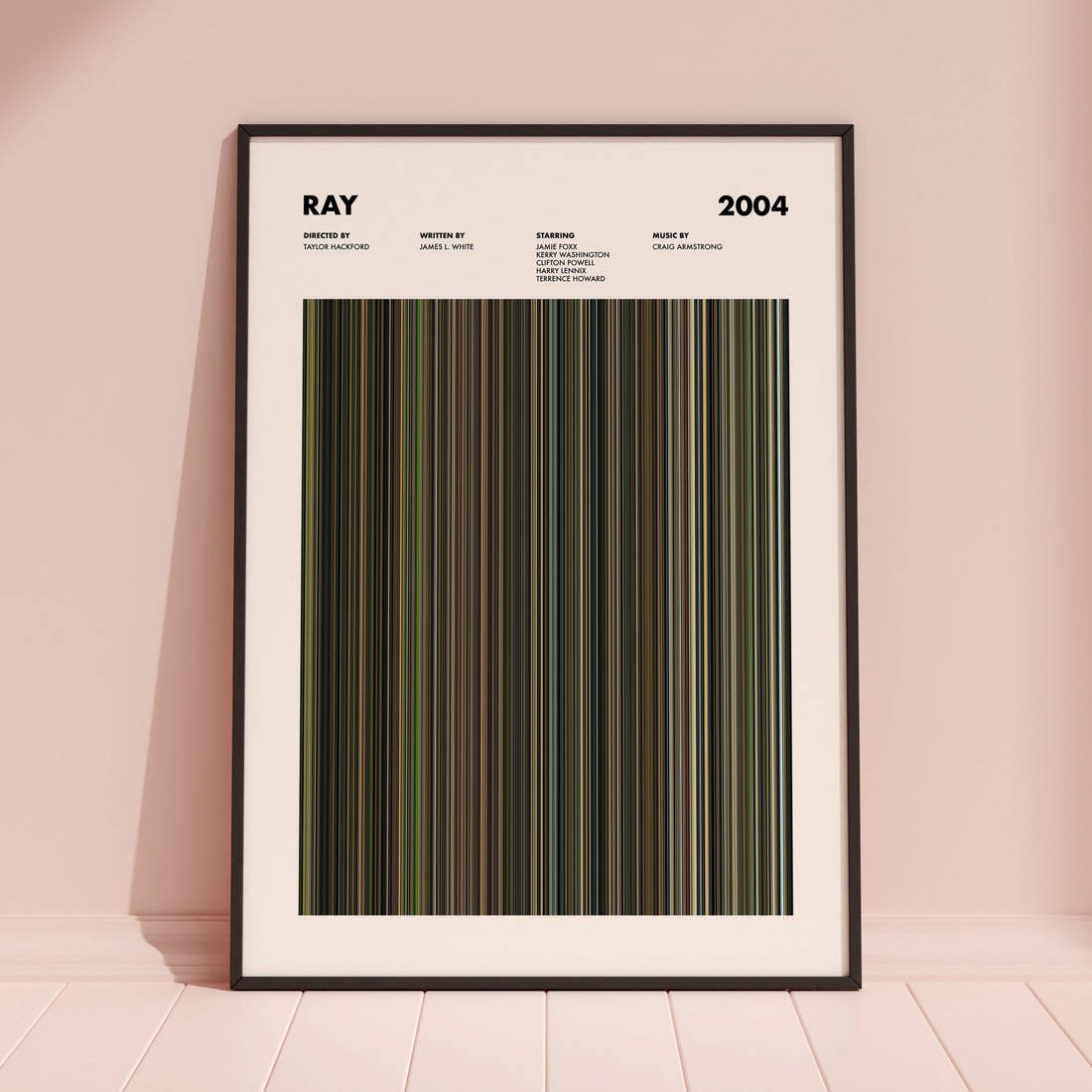Ray Movie Barcode Poster framed and leaning against a coloured wall