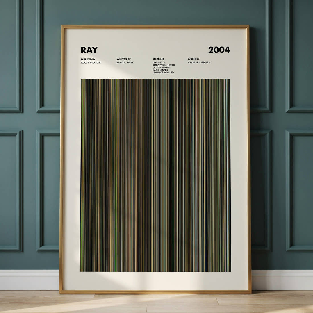 Ray Movie Barcode Poster framed and leaning against a panelled wall