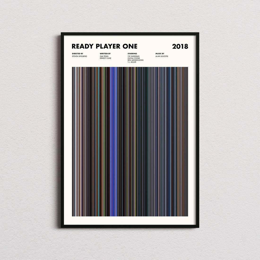 Ready Player One Movie Barcode Poster framed on a plain studio wall