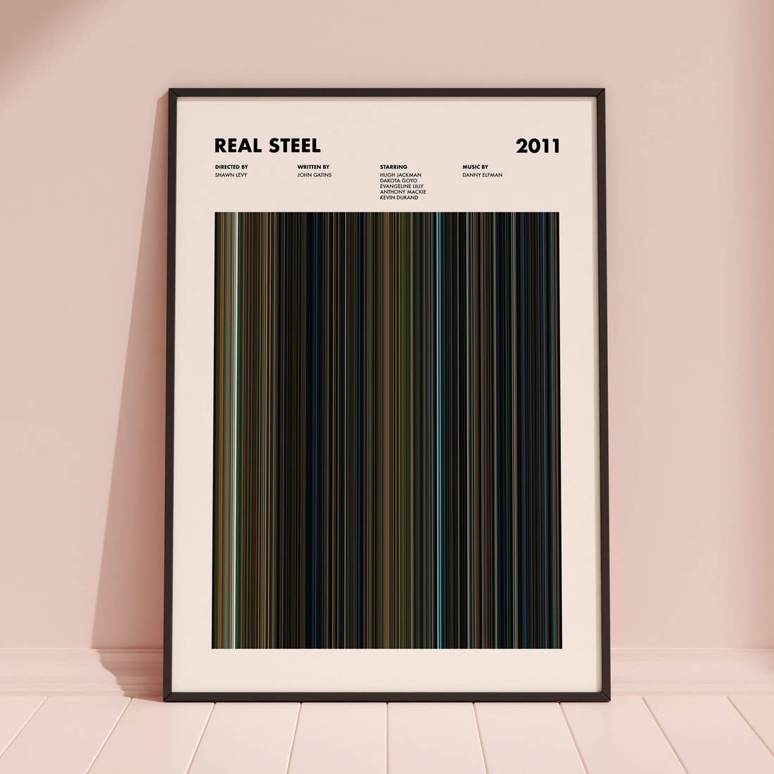 Real Steel Movie Barcode Poster framed and leaning against a coloured wall