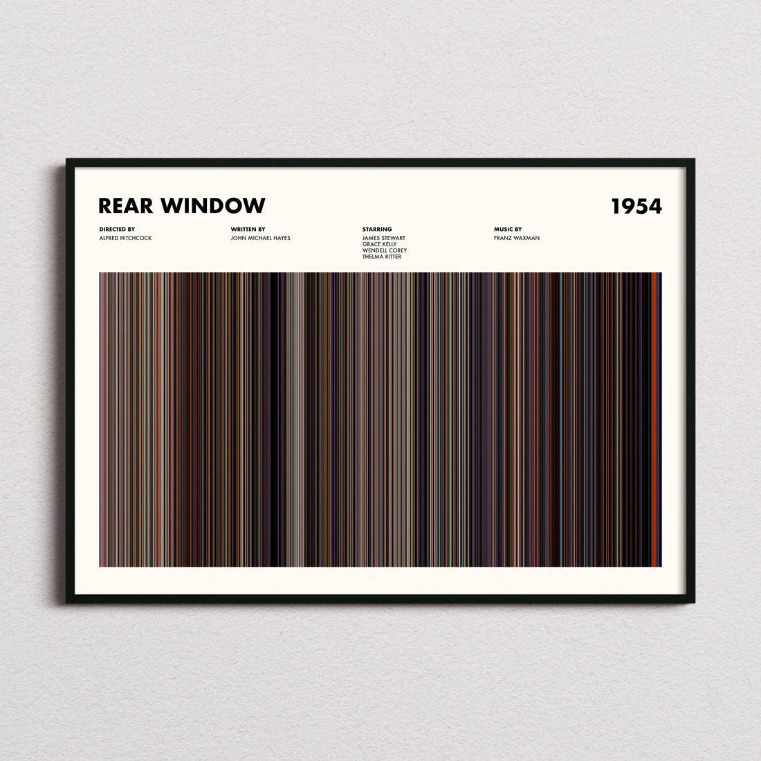 Rear Window Movie Barcode Poster framed and photographed straight on