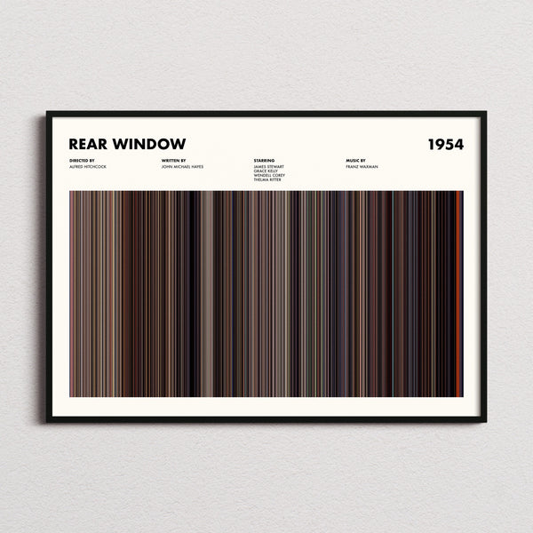 Rear Window Movie Barcode Poster framed and photographed straight on