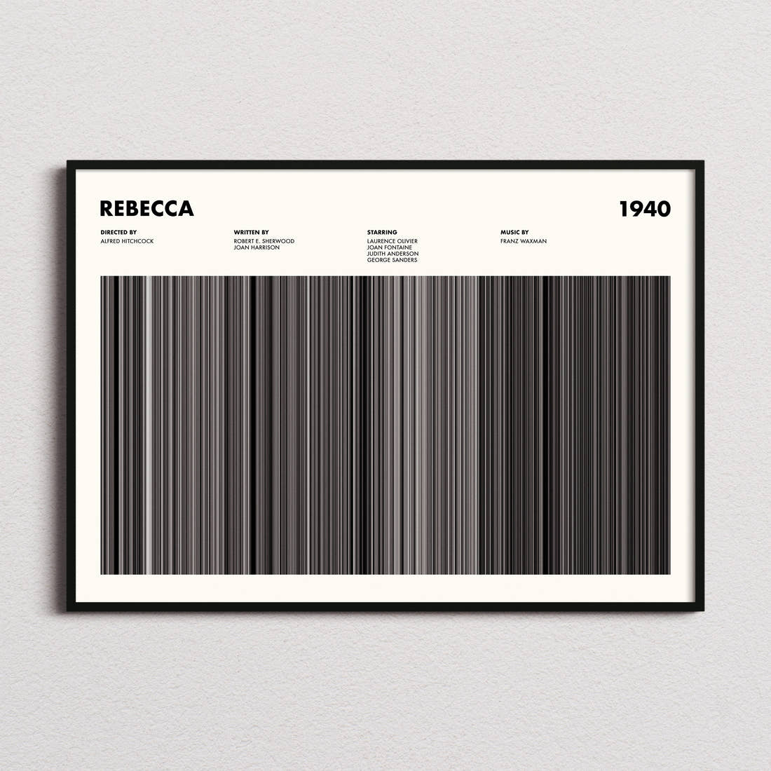 Rebecca Movie Barcode Poster framed and photographed straight on