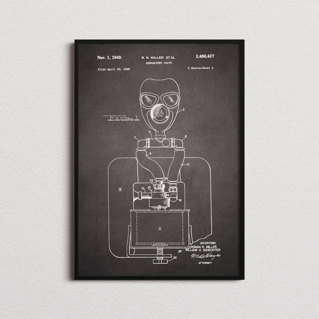 Rebreather Valve Patent Print in the blackboard colourway, framed