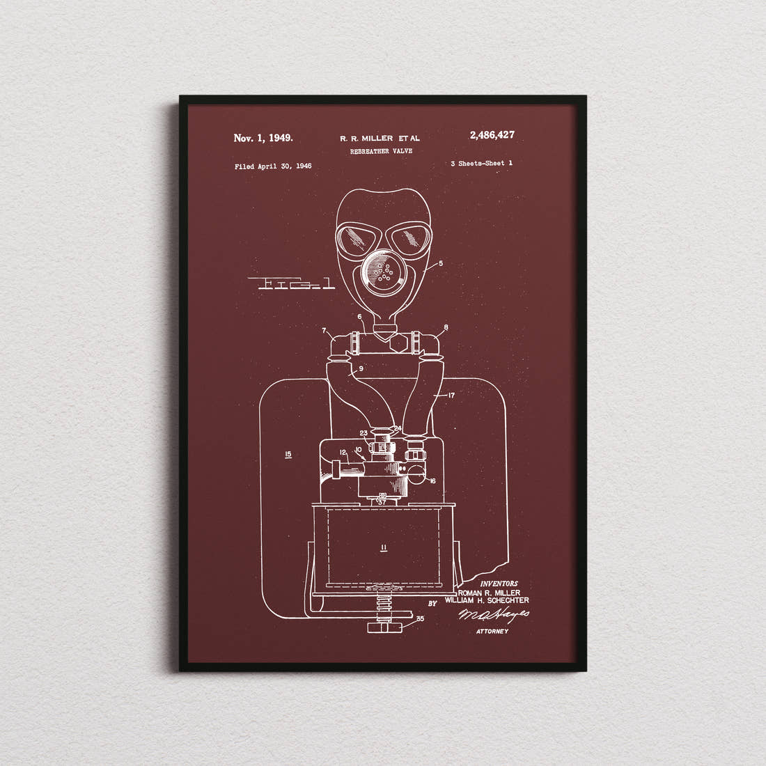 Rebreather Valve Patent Print in the burgundy colourway, framed