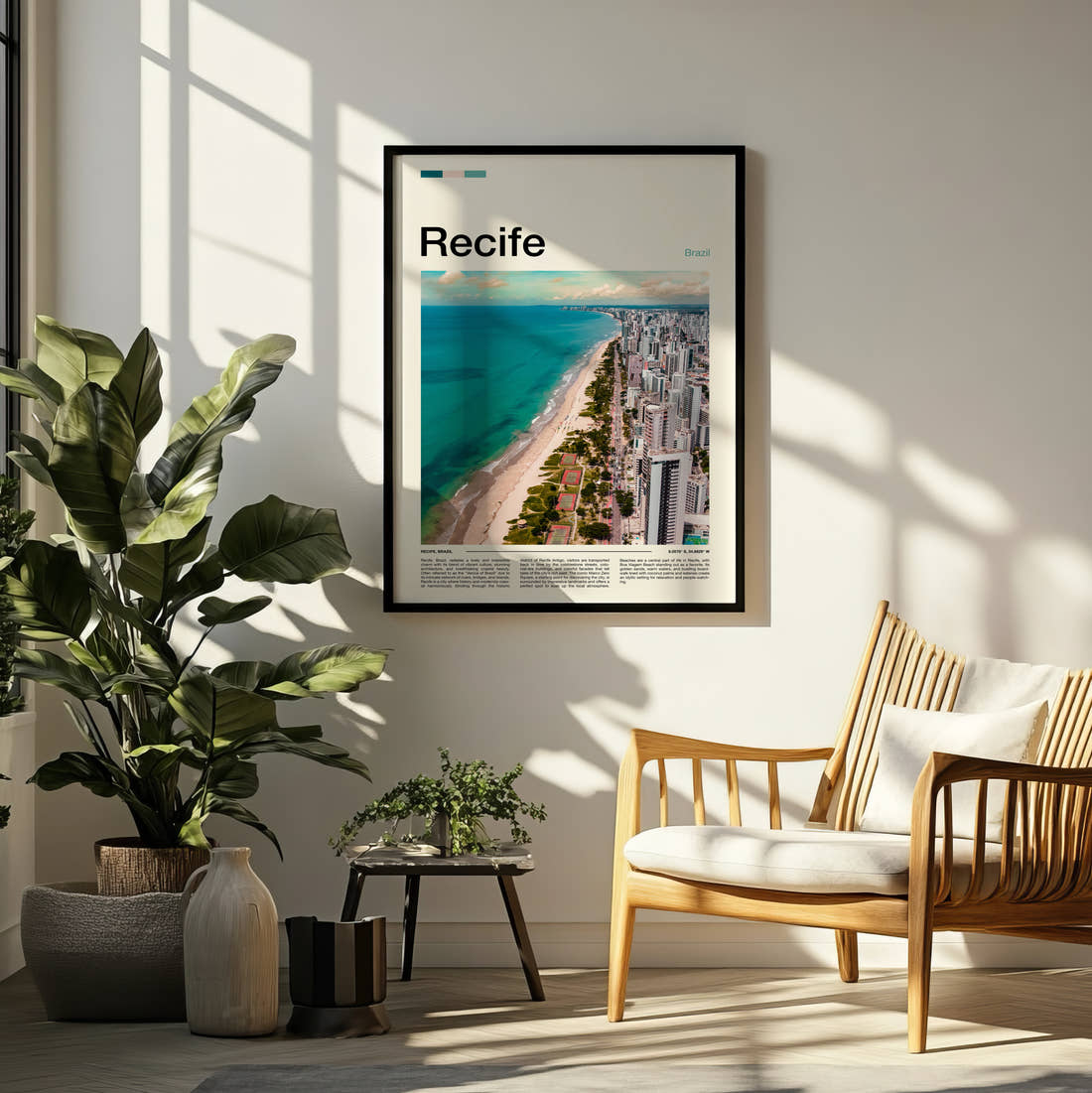Recife Beach And High-Rise City Travel Print framed on a pale wall beside houseplants