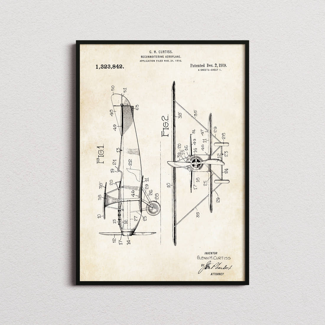 Reconnoitering Airplane Patent Print in the aged paper colourway, framed