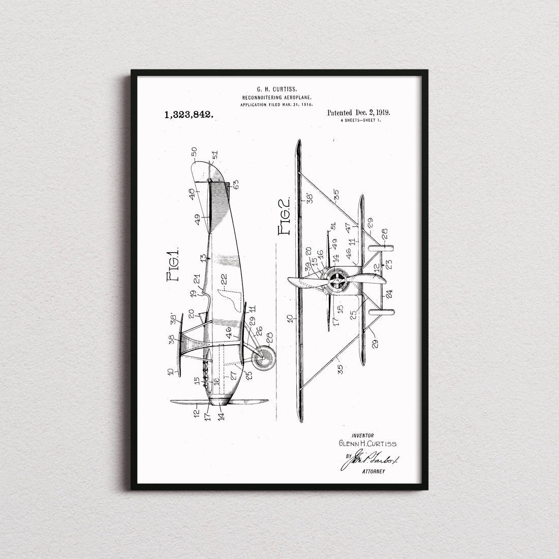 Reconnoitering Airplane Patent Print in the white colourway, framed
