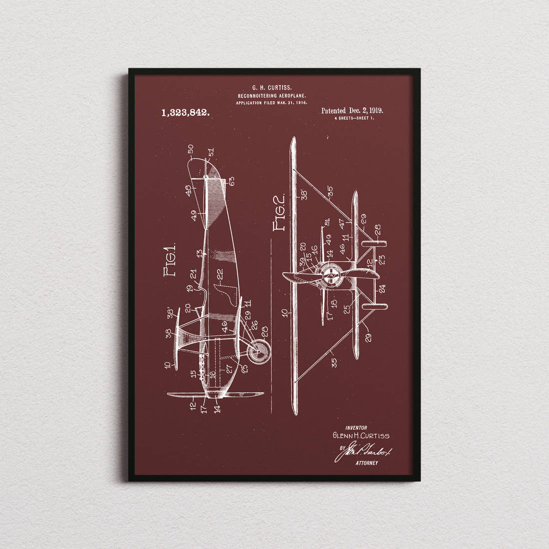 Reconnoitering Airplane Patent Print in the burgundy colourway, framed