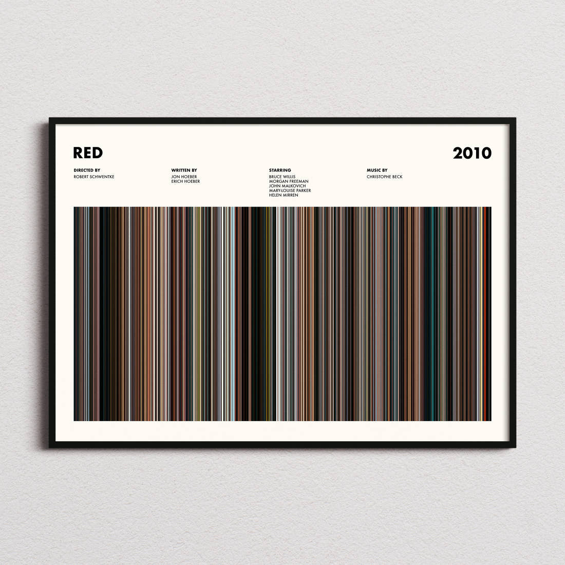 Red Movie Barcode Poster framed and photographed straight on