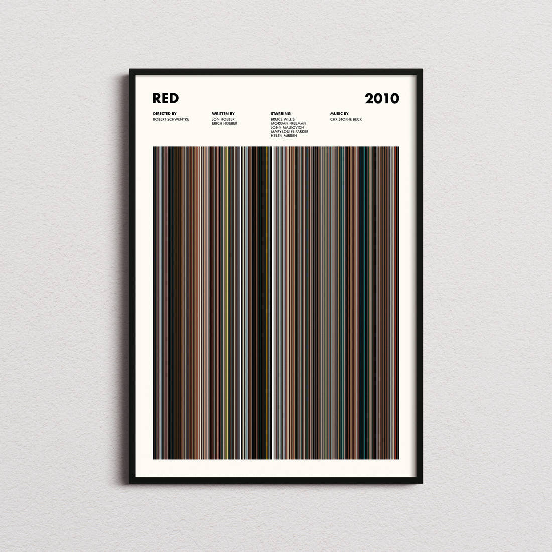 Red Movie Barcode Poster framed on a plain studio wall