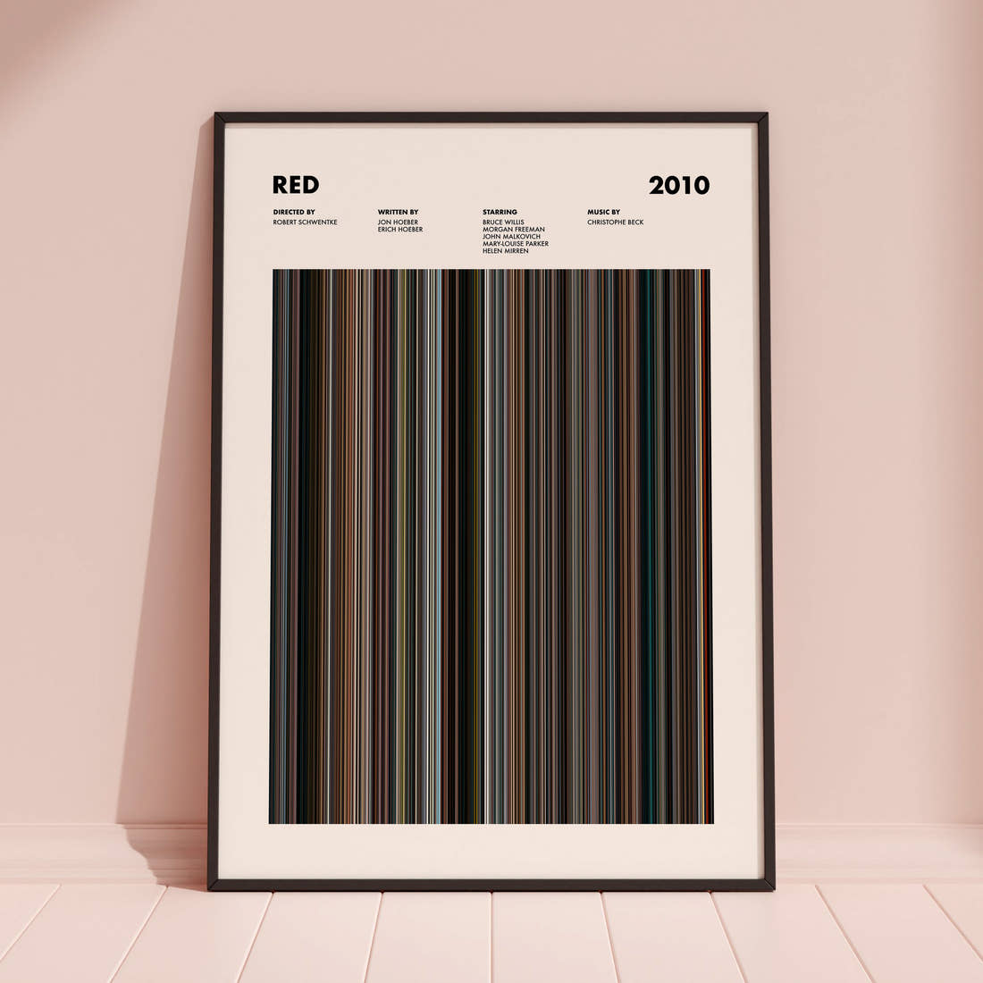 Red Movie Barcode Poster framed and leaning against a coloured wall