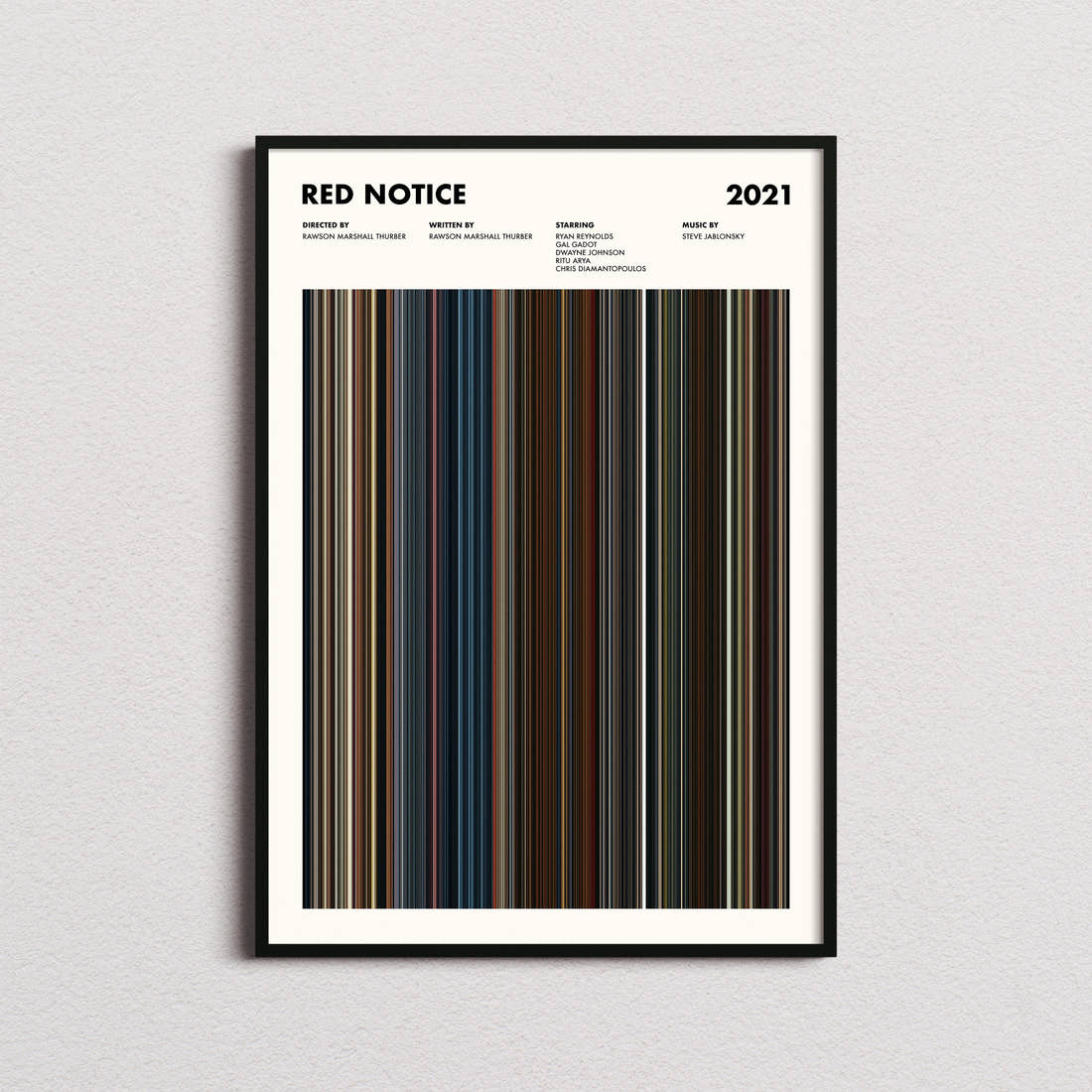 Red Notice Movie Barcode Poster framed on a plain studio wall
