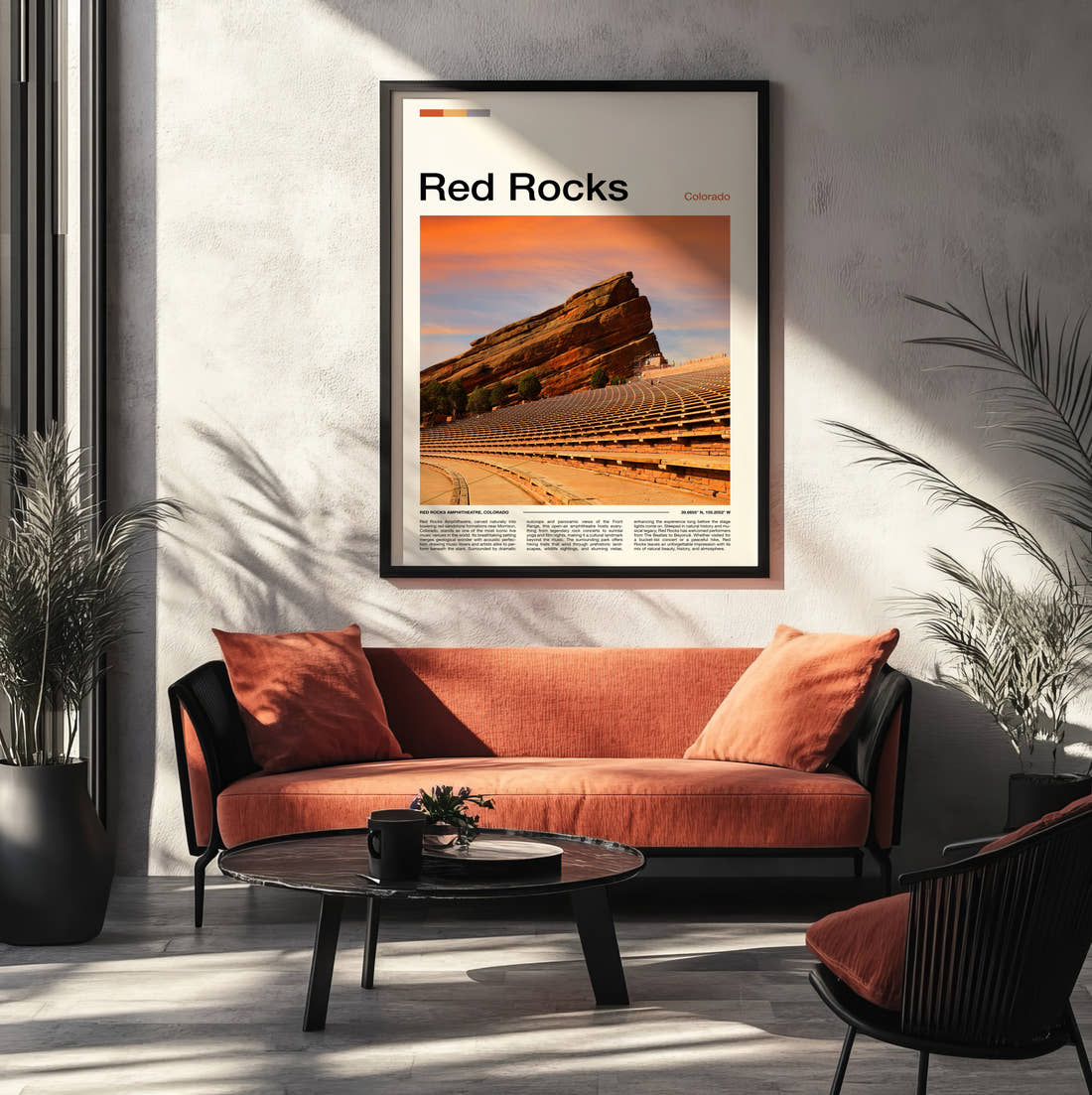 Red Rocks Rock Amphitheatre In Golden Light Travel Print framed on the wall of a modern living room